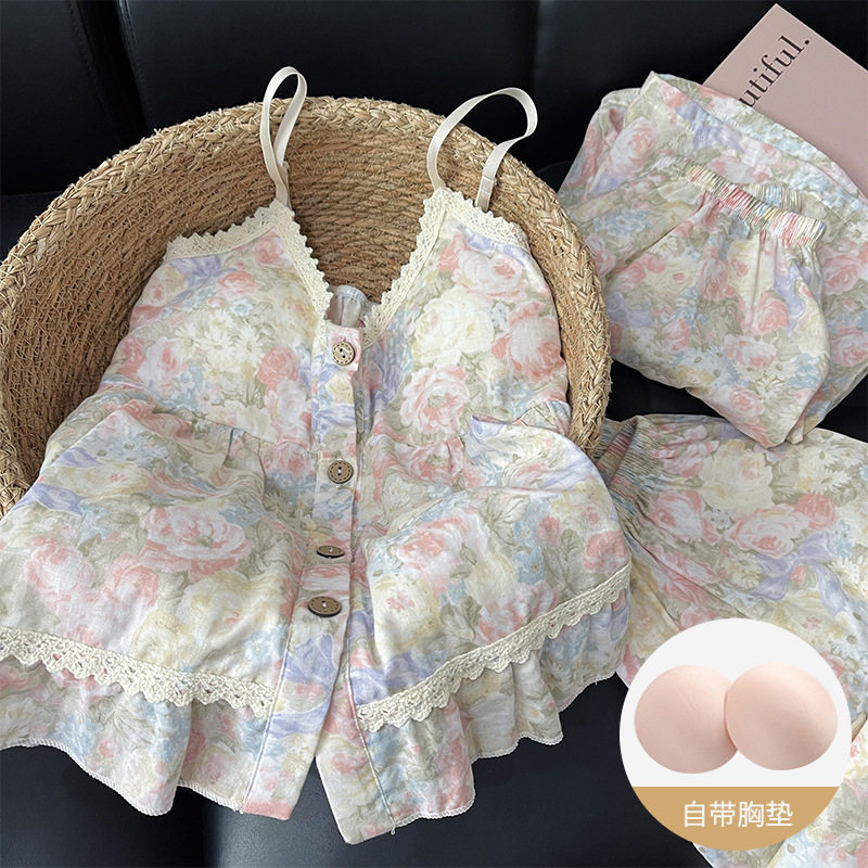 韩版碎花睡衣女夏季薄款带胸垫云朵棉吊带长裤三件套家居服可外穿
