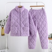 睡衣女冬季 珊瑚绒加厚加绒三层夹棉超厚拉链可外穿冬天家居服套装