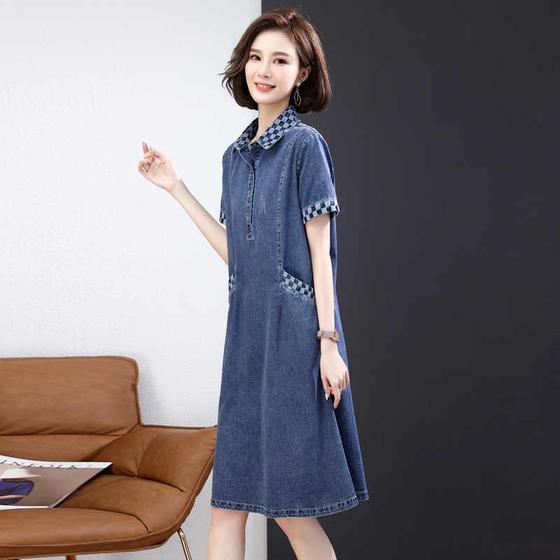 牛仔拼接小香风连衣裙女中长款春夏新款妈妈宽松遮肚a字衬衫裙子