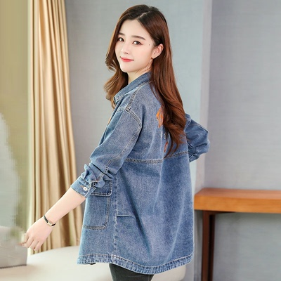 春秋牛仔外套宽松刺绣风衣中长款