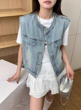 圆领牛仔马甲背心女夏季小个子短