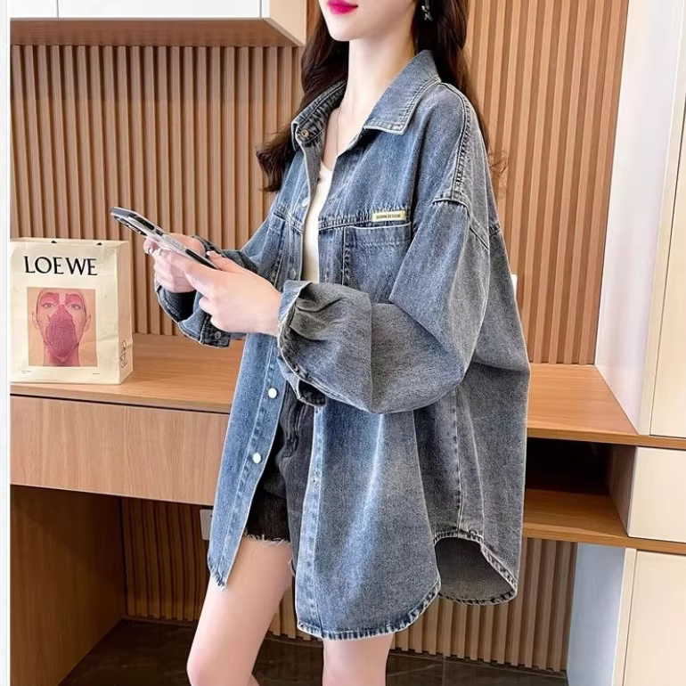 中长款遮屁股牛仔衬衫外套女上衣图片