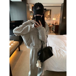 大小姐77 慵懒毛圈圈连帽卫衣开衫短款外套休闲香蕉弯刀卫裤套装