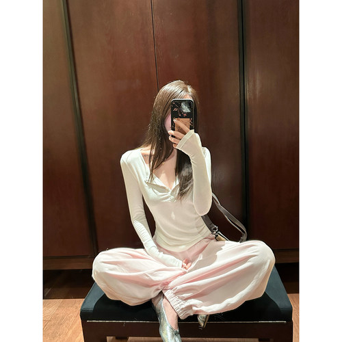 大小姐77 莱塞尔羊毛亨利领纽扣长袖T恤修身显瘦上衣