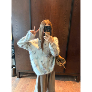 大小姐77复古时髦桑蚕丝山羊绒羊毛拉绒花色拉毛圆领宽松毛衣上衣