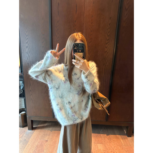 大小姐77复古时髦桑蚕丝山羊绒羊毛拉绒花色拉毛圆领宽松毛衣上衣