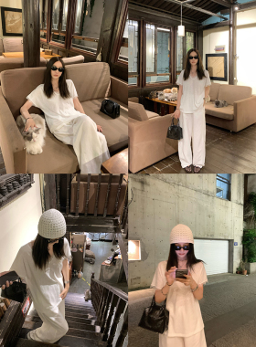 大小姐77 慵懒夏日麻感白色蕾丝拼接宽松休闲显瘦V领T恤上衣