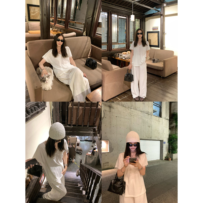 大小姐77 慵懒夏日麻感白色蕾丝拼接宽松休闲显瘦V领T恤上衣