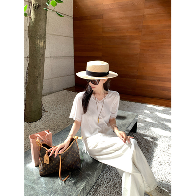 大小姐77 超仙睫毛蕾丝拼接短袖V领显瘦宽松慵懒蕾丝白色T恤上衣