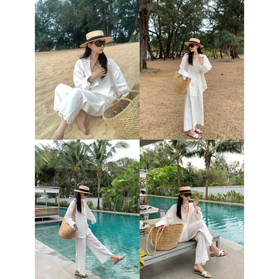 大小姐77天然亚麻棉 精致镂空刺绣定纺夏日白色9分老钱直筒休闲裤