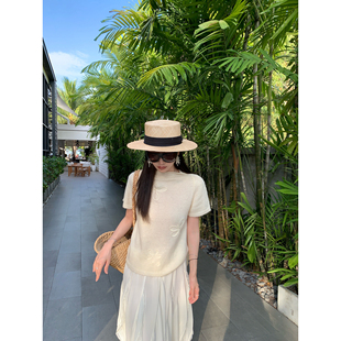 大小姐77 绵羊毛混纺法式浪漫 慵懒自在半高领提花针织衫短袖T恤