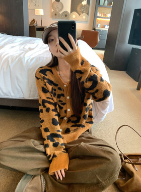 大小姐77 复古时髦羊毛混纺豹纹毛衣宽松休闲开衫外套