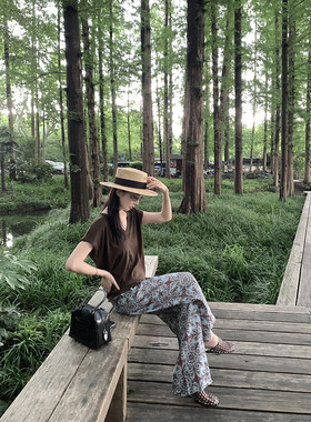 大小姐77 100纯亚麻老钱花色复古印花夏季松紧腰显瘦直筒裤阔腿裤