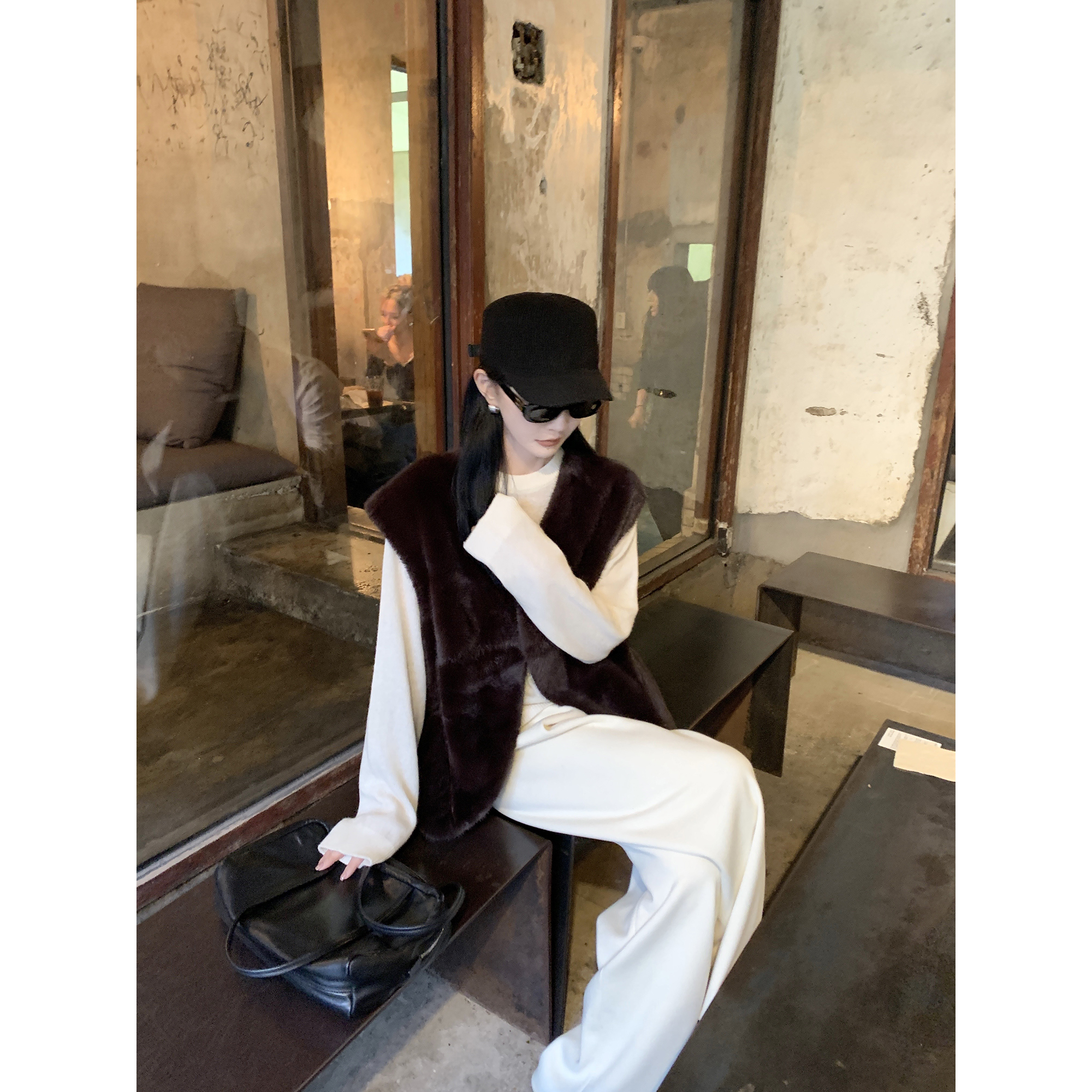 大小姐77 复古时髦环保水貂毛麂皮绒复合设计感无袖皮草背心马甲