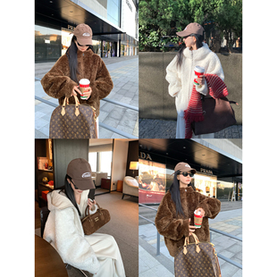 大小姐77颗粒羊羔毛复合绒面皮毛一体中长款连帽宽松毛毛外套大衣