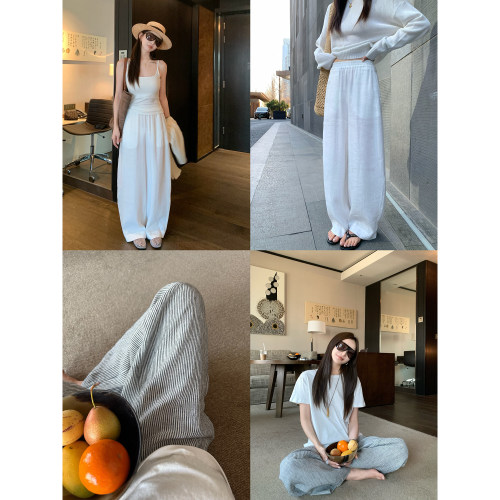 大小姐77 进口水洗亚麻 条纹慵懒松弛老钱显瘦弯刀裤休闲裤阔腿裤