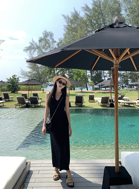 大小姐77 轻氧cleanfit30羊毛V领显瘦针织无袖背心连衣裙黑色长裙