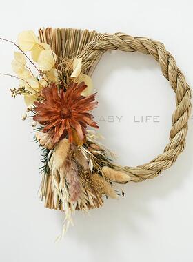 侘寂风 日式草环 干花永生花注连绳门挂民宿客厅墙面墙上装饰花环