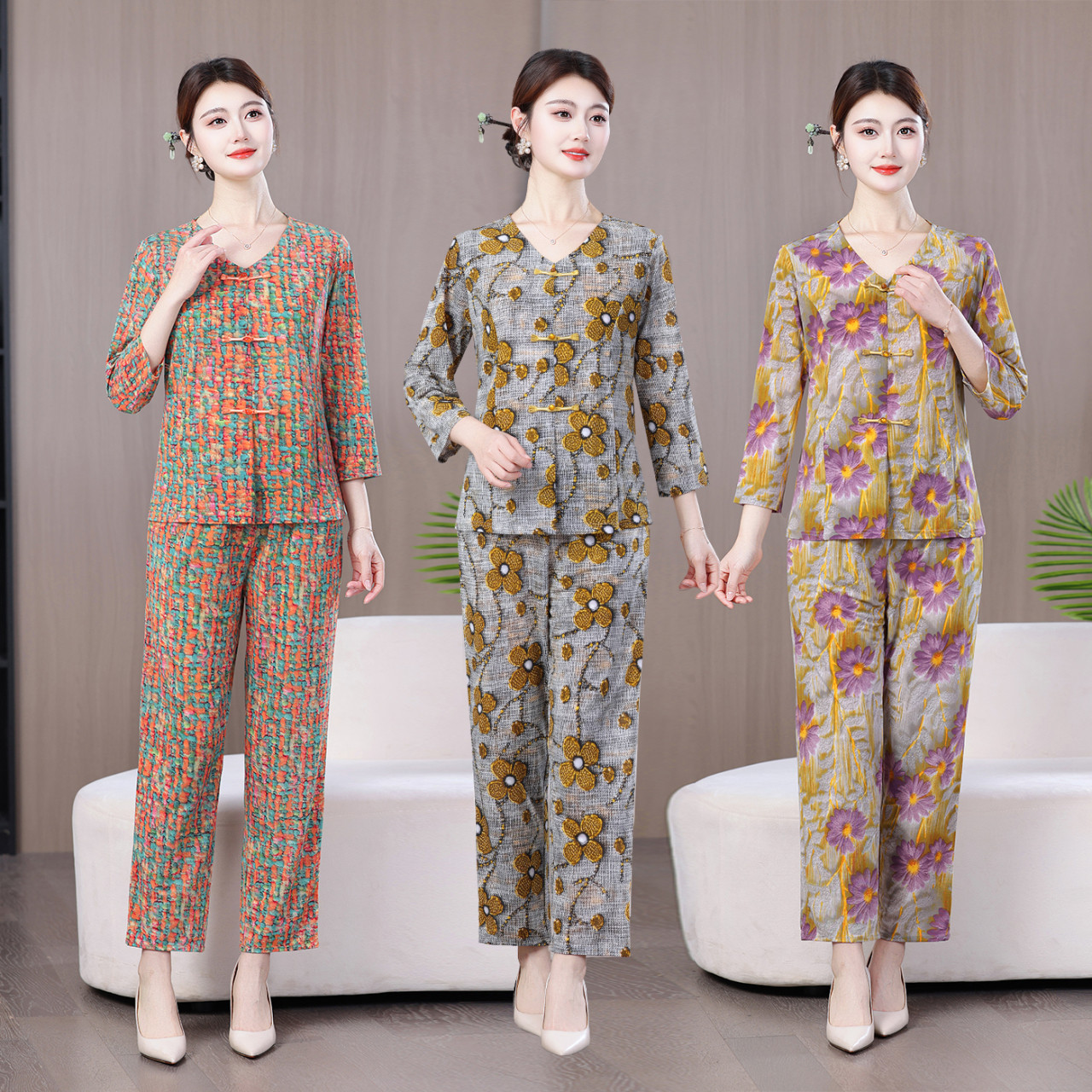 新款中老年夏季V领七分袖九分裤两件套显瘦气质女士休闲大码套装