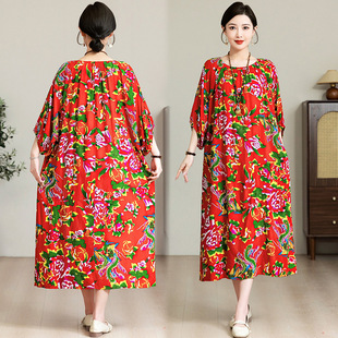 夏季 连衣裙中老年妈妈人造棉居家服 东北大花棉绸睡裙宽松透气大码