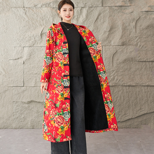 秋季新款东北大花布风衣复古民族风棉麻大码加绒盘扣中式妈妈外套