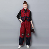 民族风唐装 女 套装 复古时尚 洋气棉麻红色二件套马甲坎肩上衣灯笼裤