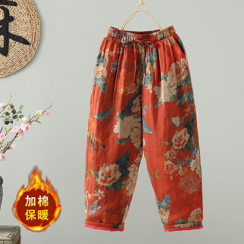 新款女秋冬大码宽松复古大花棉裤