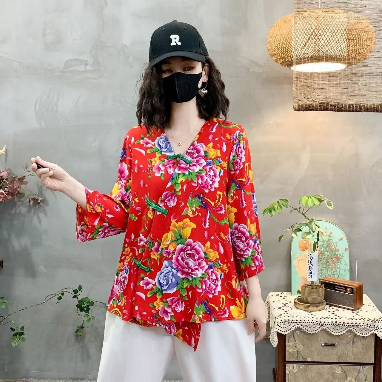 春夏新款民族风复古东北花布棉绸开衫九分袖中老年妈妈新中式上衣
