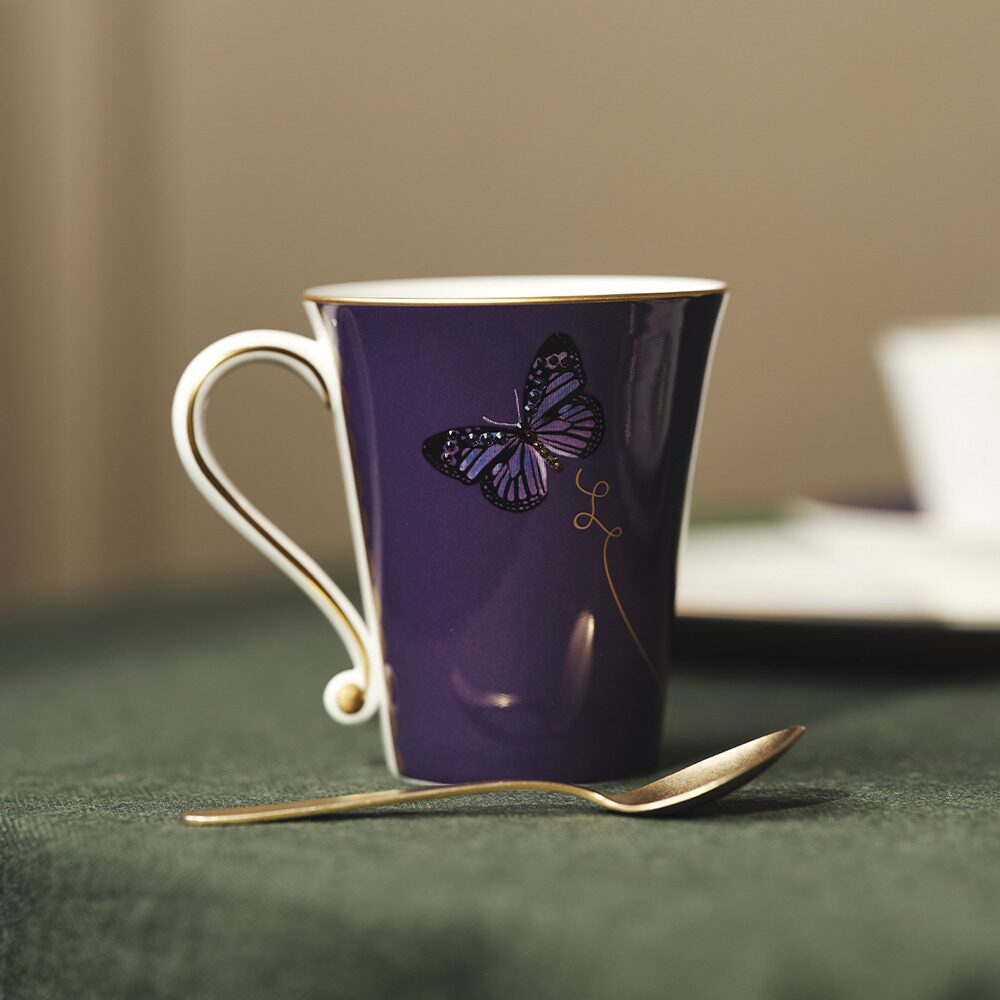 韩国原装进口骨瓷prouna 紫色蝴蝶咖啡杯 马克杯早餐盘下午茶套装