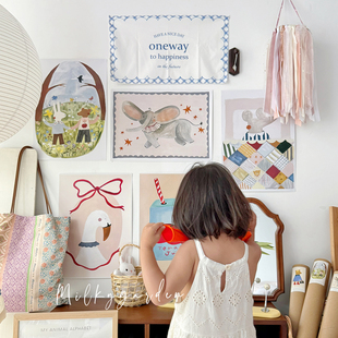 milky手绘北欧ins治愈小众艺术海报装 饰画芯复古儿童房动物贴画