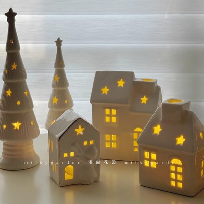 milky圣诞节装饰陶瓷小房子小夜灯桌面摆件工艺品拍照氛围道具