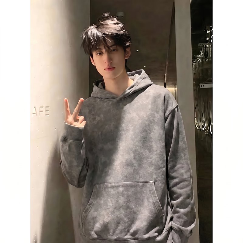 美式复古扎染鹿皮绒连帽卫衣