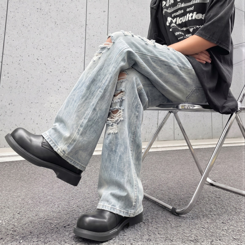 美式闪电纹微喇破洞牛仔裤男