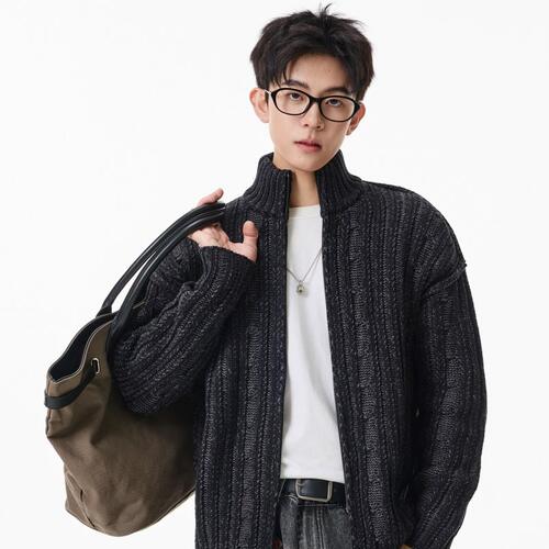 美式重磅半高领双拉链开衫男