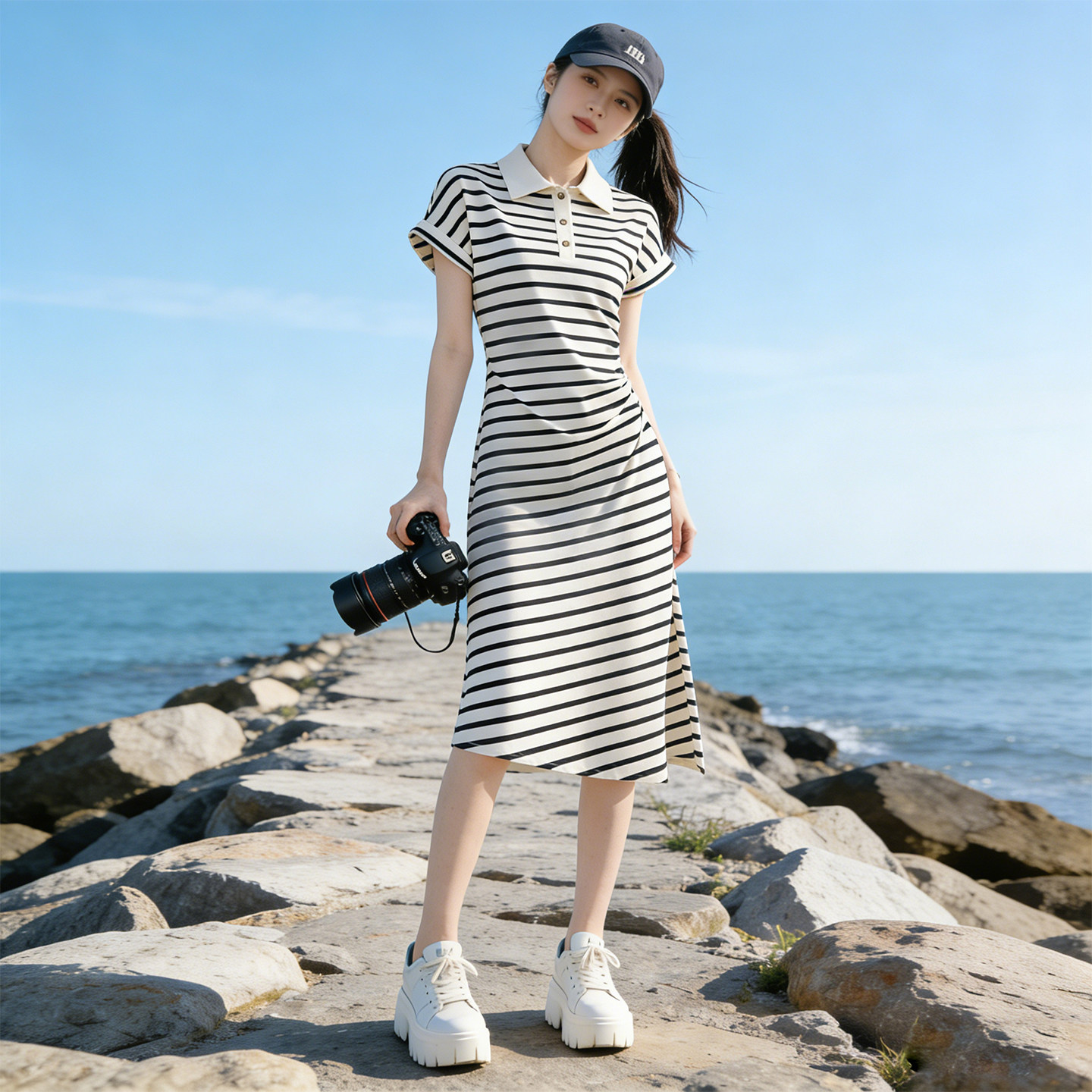 夏季韩系POLO领条纹显瘦连衣裙