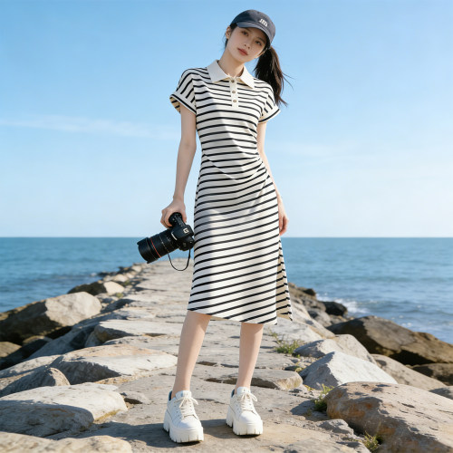 夏季韩系POLO领条纹显瘦连衣裙