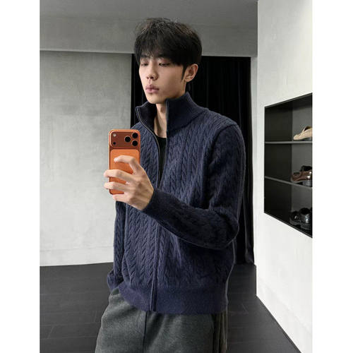 秋冬老钱风麻花立领拉链男开衫