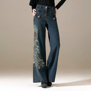 子 民族风宽松阔腿直筒高腰大脚裤 凤凰刺绣花牛仔裤 女2024春秋新款