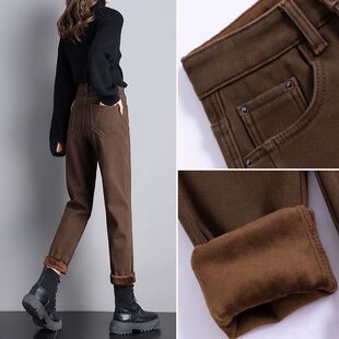 加绒加厚牛仔裤女2025秋冬季新款咖啡色棕色外穿直筒老爹哈伦裤子