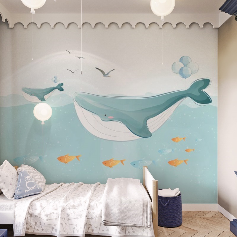 卡通海洋鲸鱼墙纸可爱儿童房壁纸男孩女孩卧室墙布无缝定制壁画