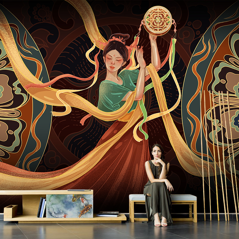 3d敦煌艺术壁画手绘飞天仙女图背景墙民族风餐厅酒店壁纸民宿墙纸