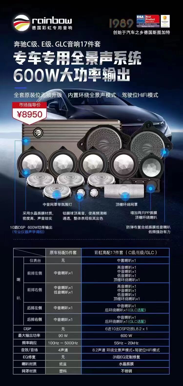德国彩虹奔驰专用环绕全景声汽车音响17件套600瓦