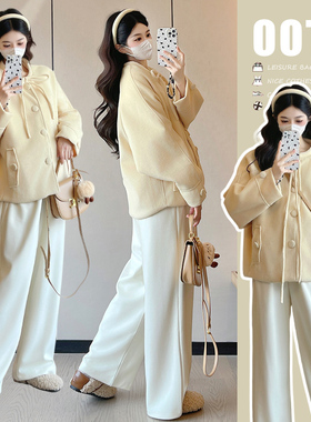 2025外穿新款韩系黄色短款毛呢外套女秋冬款宽松呢子大衣高级感