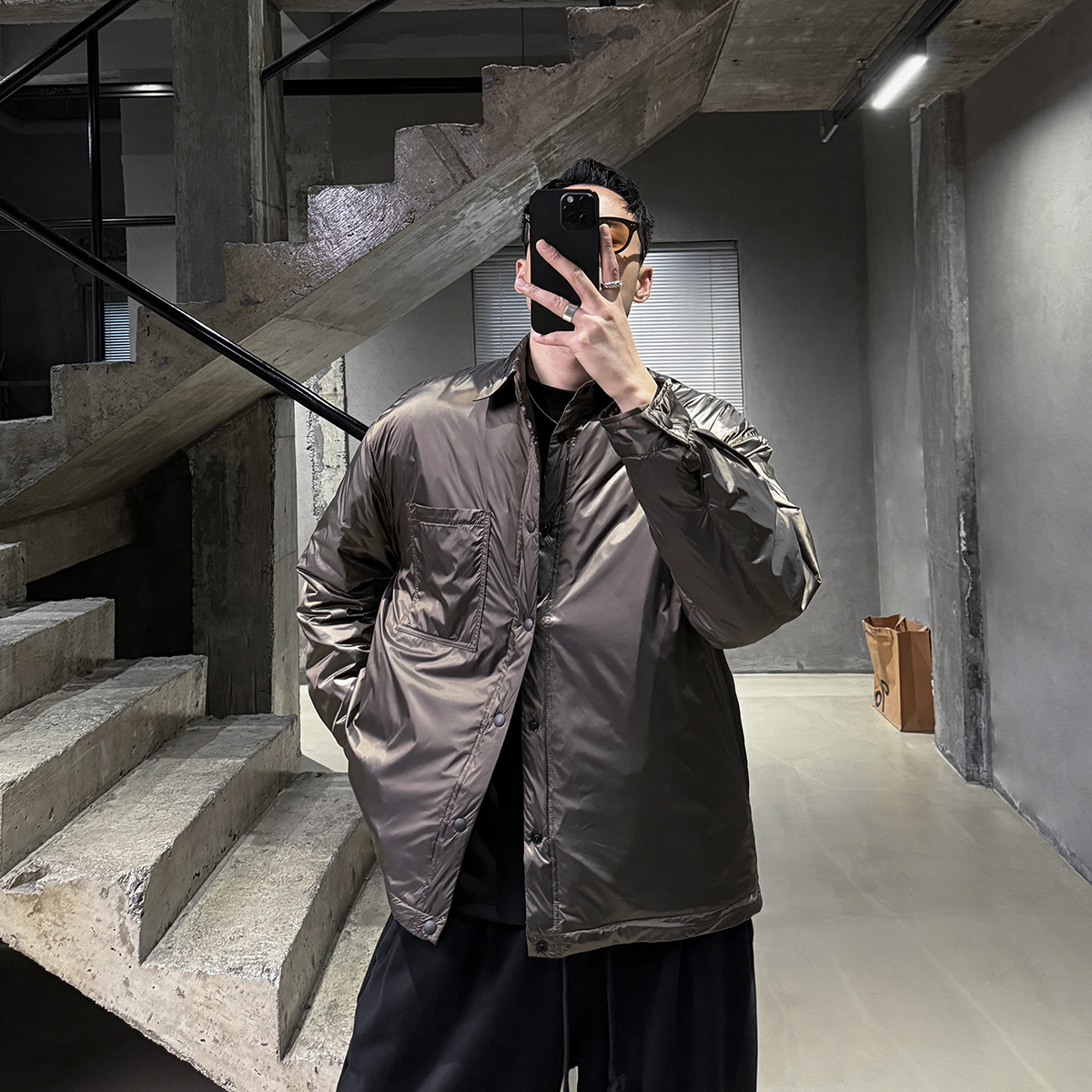 Mr.ye 90白鸭绒羽绒服男士衬衫领极简微阔极简百搭休闲轻薄款外套