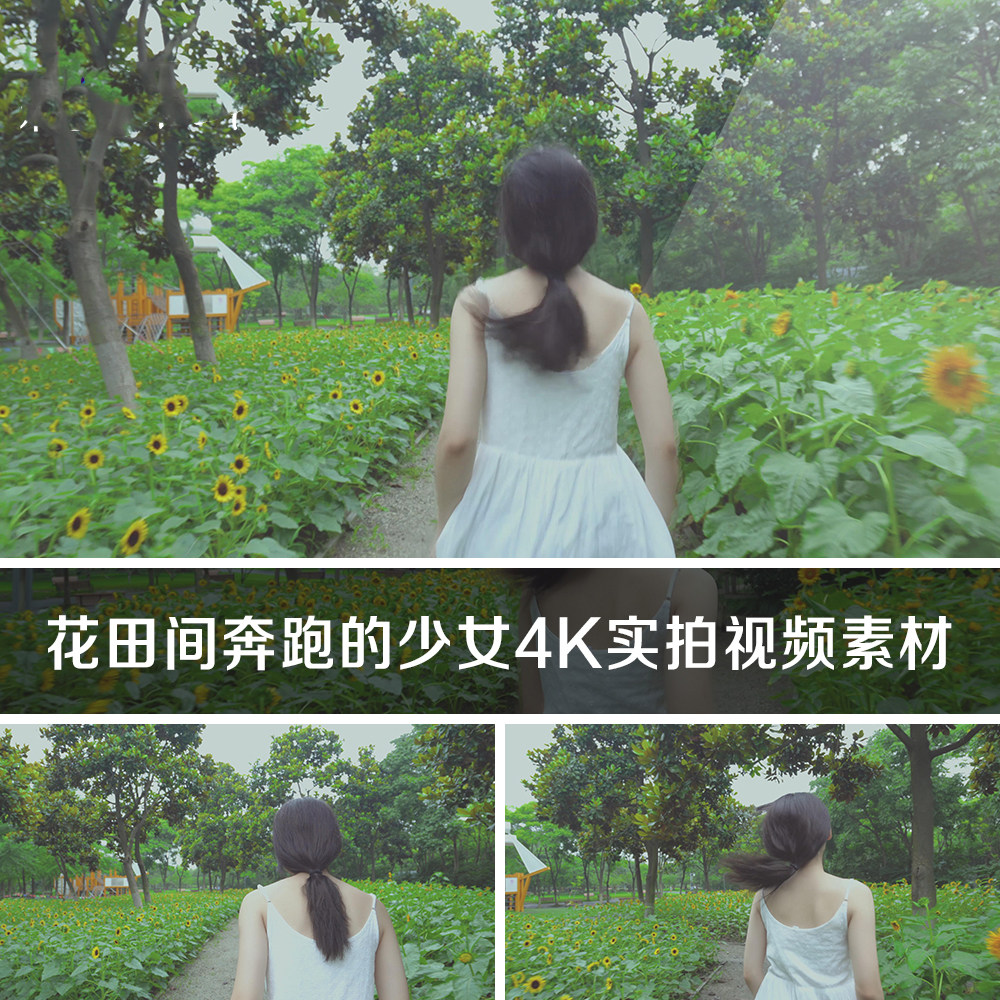 花田间奔跑的少女4k实拍视频素材唯美公园区小道女孩向前跑步背影