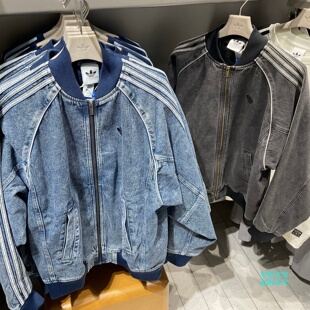 Adidas三叶草26年秋季新款男子后背logo刺绣宽松牛仔外套KQ6332