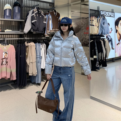 Adidas阿迪达斯三叶草 金属银色立领短款羽绒服面包服外套 KC5402