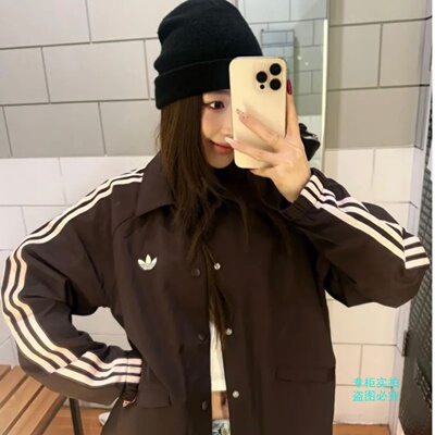 Adidas三叶草男子经典三条纹翻领宽松运动梭织外套KE3595 KE3598