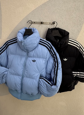 阿迪达斯三叶草女子短款防风保暖外套辣妹风三条杠棉服 JX2970