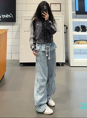 Adidas三叶草26年夏季女子花边腰休闲裤运动牛仔长裤KS0624KT3051